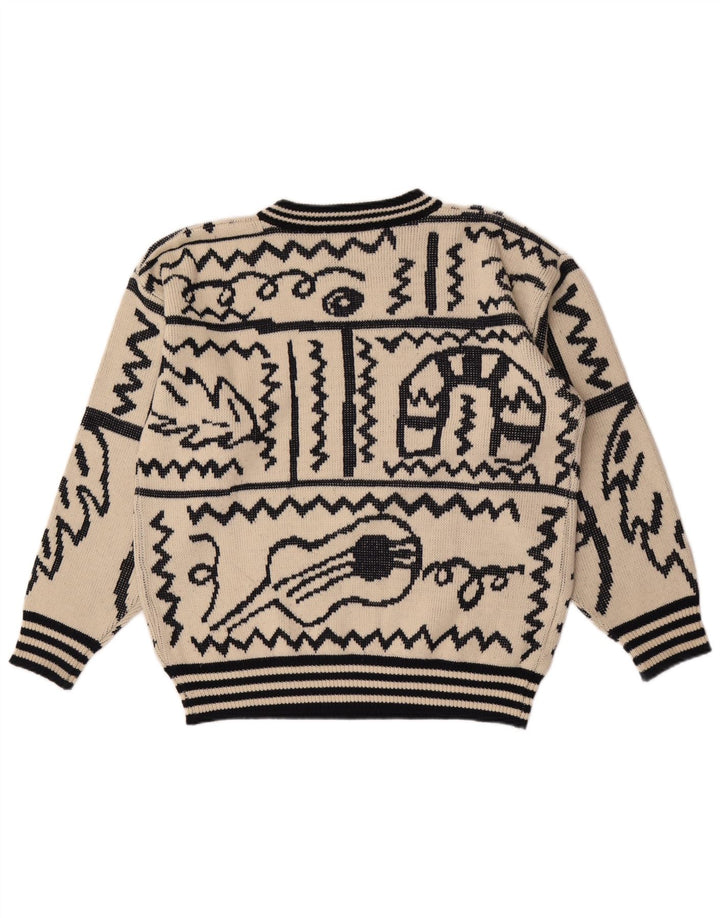 vintage Mens Abstract Pattern Crew Neck Jumper Pull Grand Beige