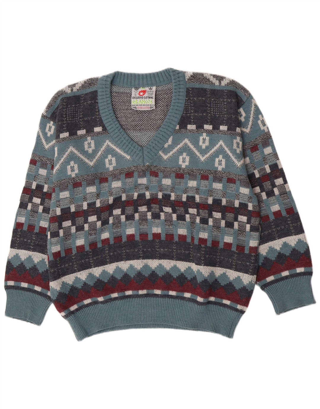vintage Mens V-Col Jumper Pull Grande Laine Géométrique Bleue