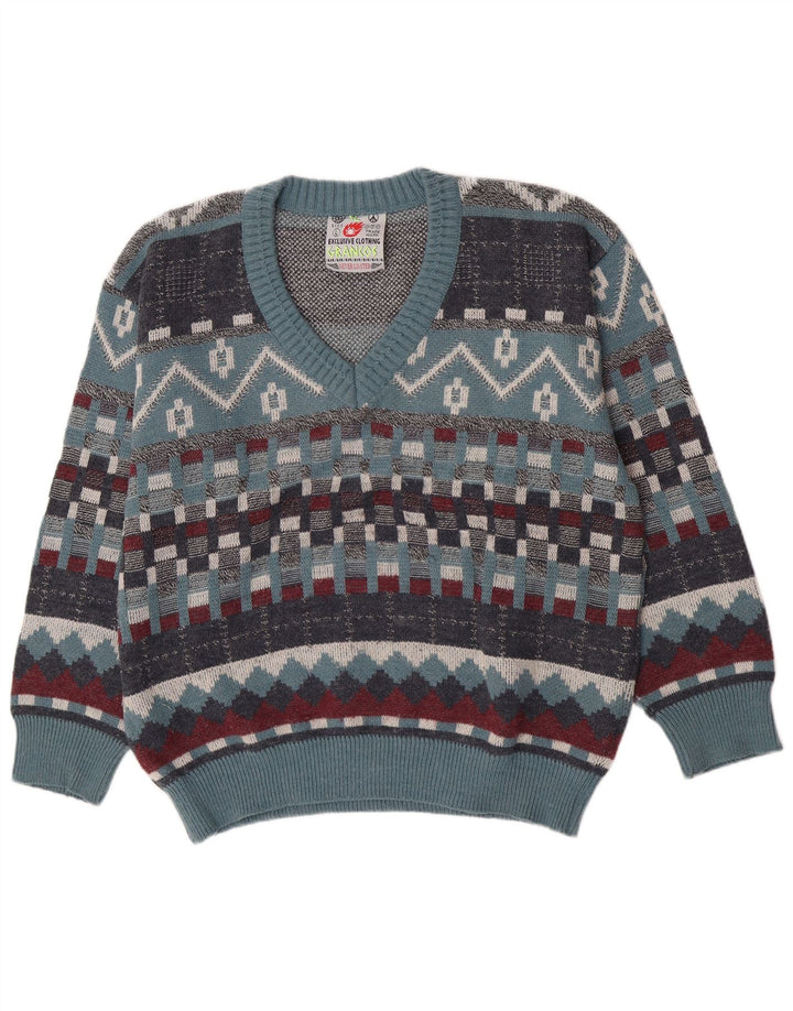 vintage Mens V-Col Jumper Pull Grande Laine Géométrique Bleue
