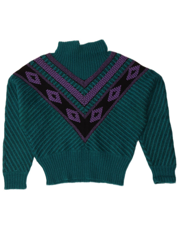 vintage Womens Turtle Neck Jumper Pull US 12 Grand Vert Géométrique