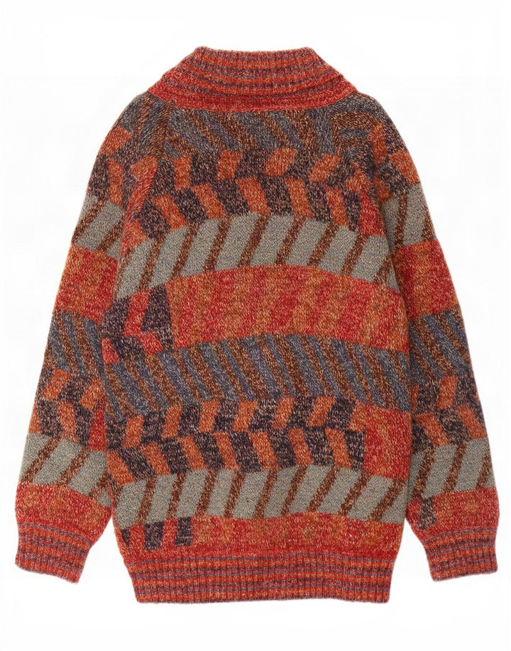 vintage Mens Longline Cardigan Sweater Grande laine géométrique multicolore