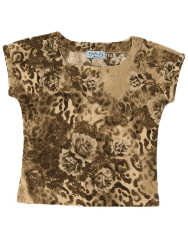 vintage Femmes Graphique T-Shirt Top UK 12 Moyen Kaki Floral Polyester