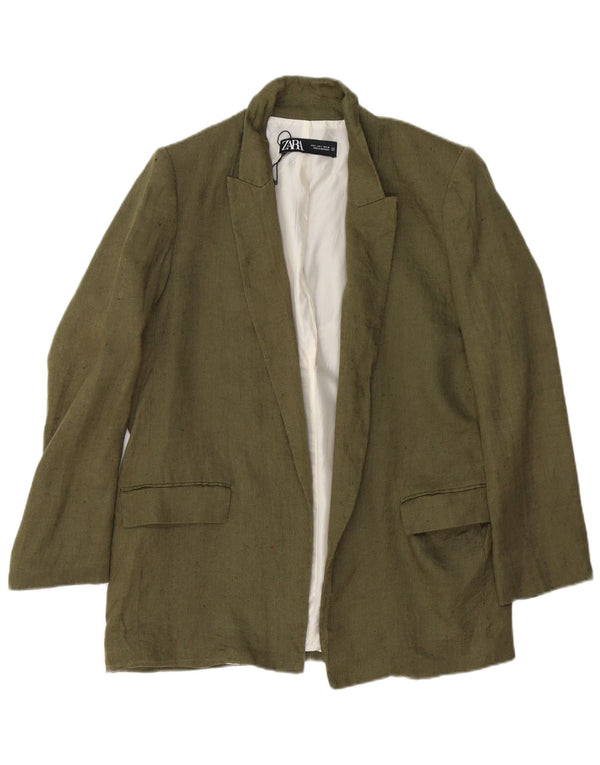 Zara Veste Blazer Ouverte Femme UK 16 Grand Lin Kaki