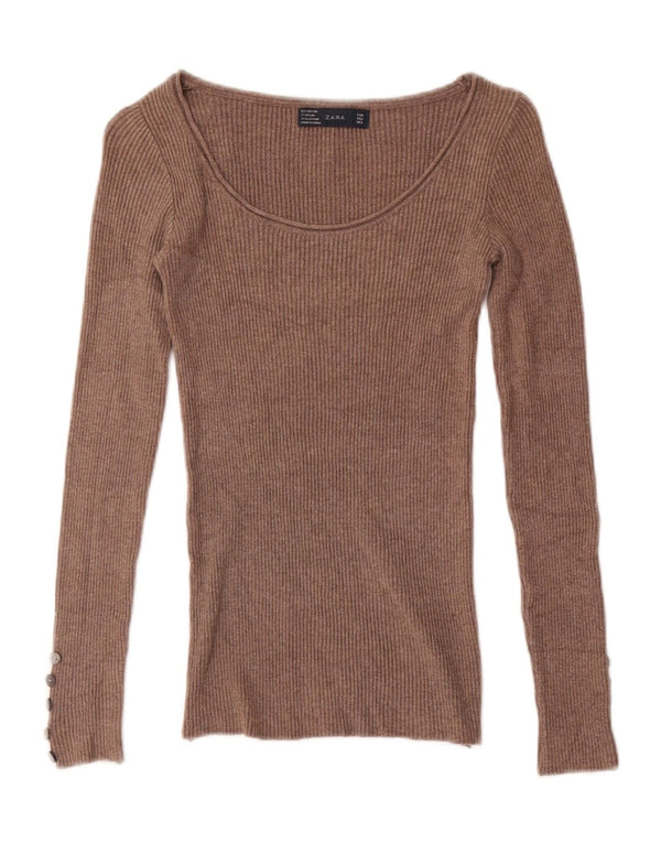 Zara Femme Top Manches Longues UK 4 XS Marron Coton