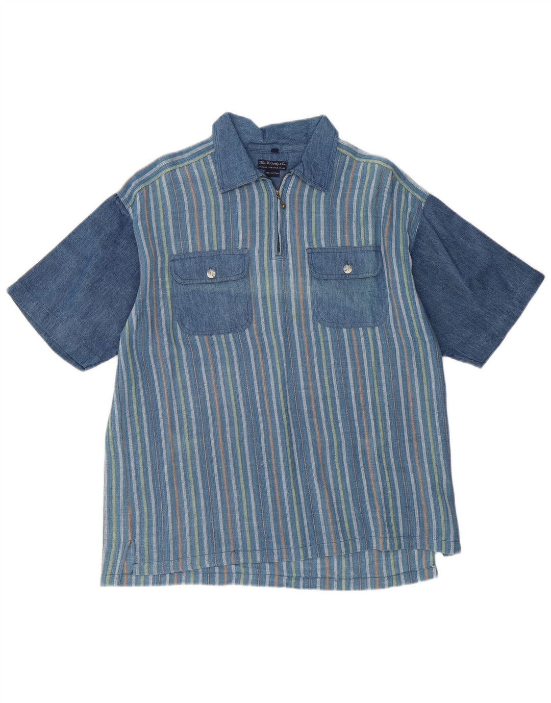 VINTAGE Chemise ample à manches courtes pour homme, rayée bleu moyen