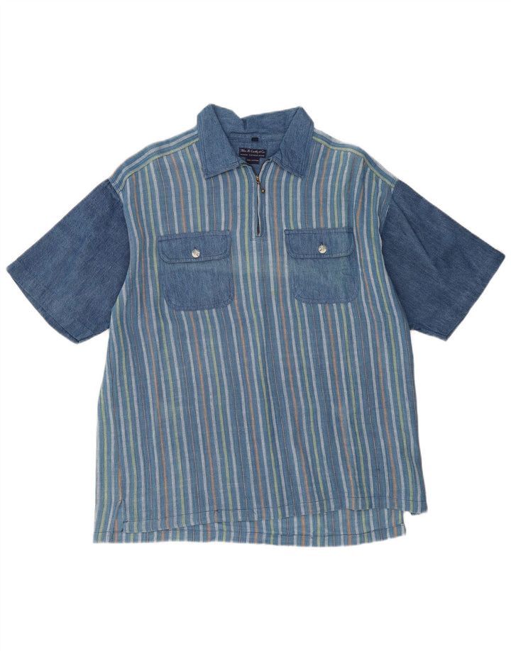 VINTAGE Chemise ample à manches courtes pour homme, rayée bleu moyen