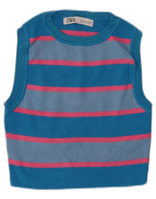 Zara Femme Crop Débardeur UK 12 Bleu Moyen Rayé Viscose