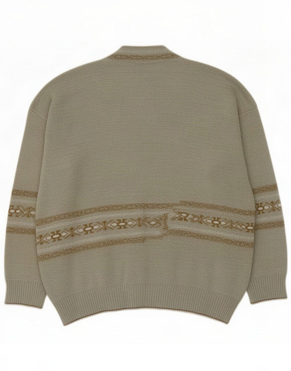 Vintage Mens Cardigan Sweater Large Gris Géométrique