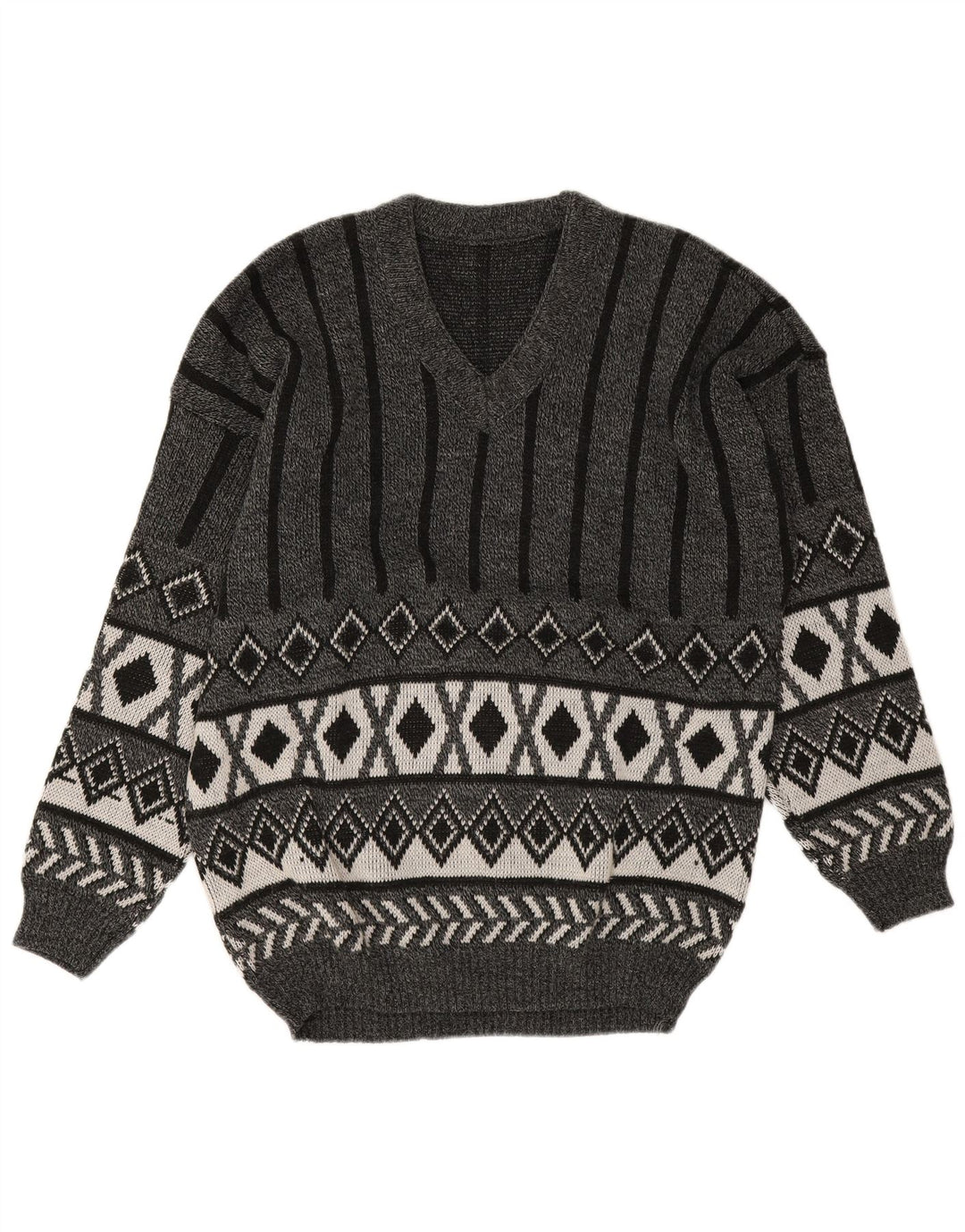 vintage Homme Col V Pull Pull Gris Moyen Argyle/Diamant