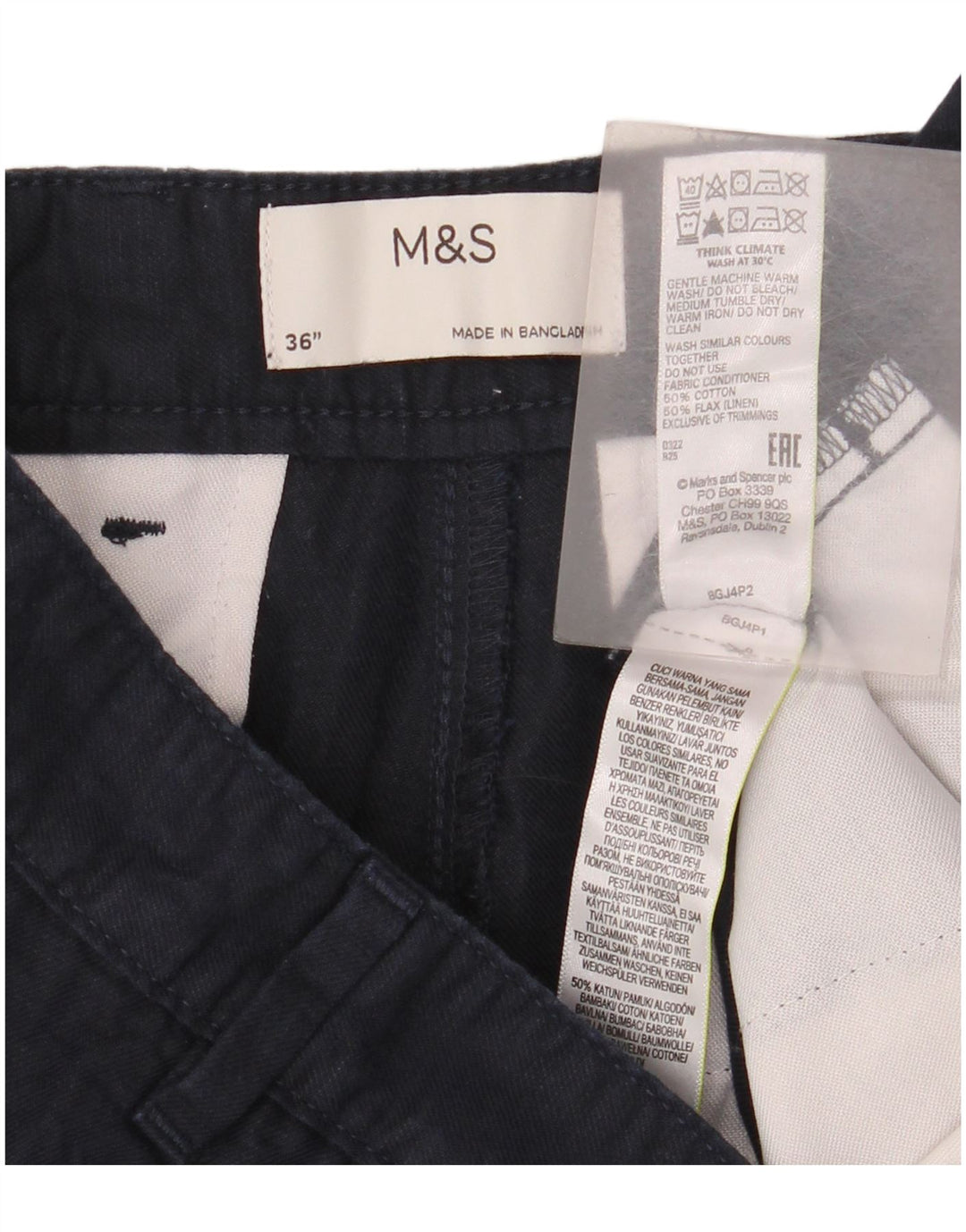 Marks & Spencer Short Chino Homme W36 Large Bleu Marine Lin