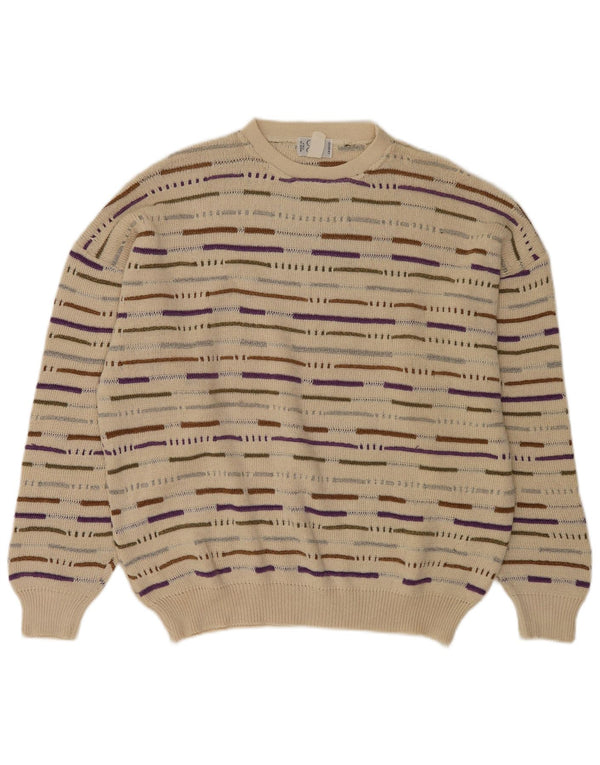 vintage Mens Crew Neck Jumper Pull XL Beige Rayé