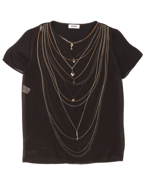 Moschino Womens Graphic Blouse Top UK 10 Small Black Cotton