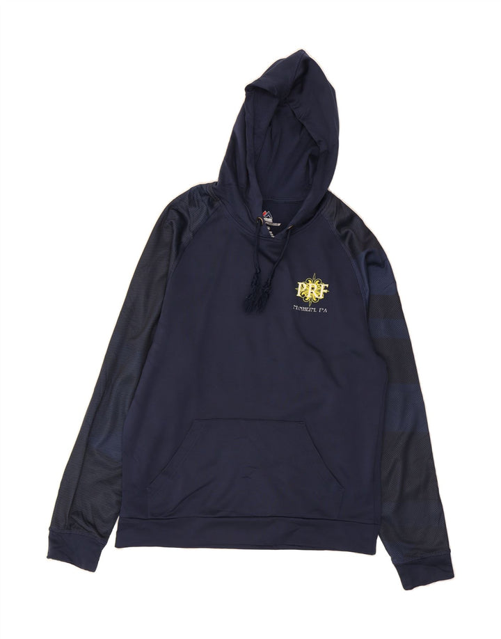 MAJESTIC Mens Graphic Hoodie Jumper Medium Navy Blue Pinstripe Polyester Vintage Majestic and Second-Hand Majestic from Messina Hembry 