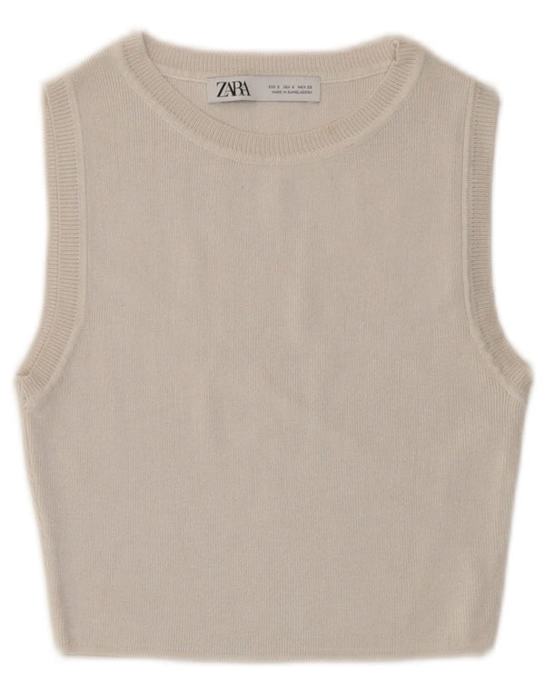 Zara Femme Pull Crop Top UK 8 Petit Viscose Blanc Cassé