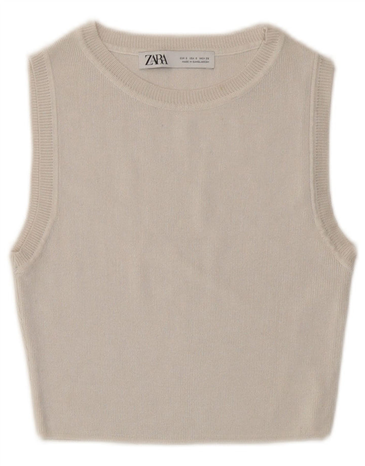 Zara Femme Pull Crop Top UK 8 Petit Viscose Blanc Cassé