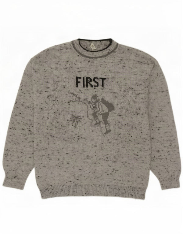vintage Mens Graphic Crew Neck Jumper Sweater XL Gris Moucheté Acrylique