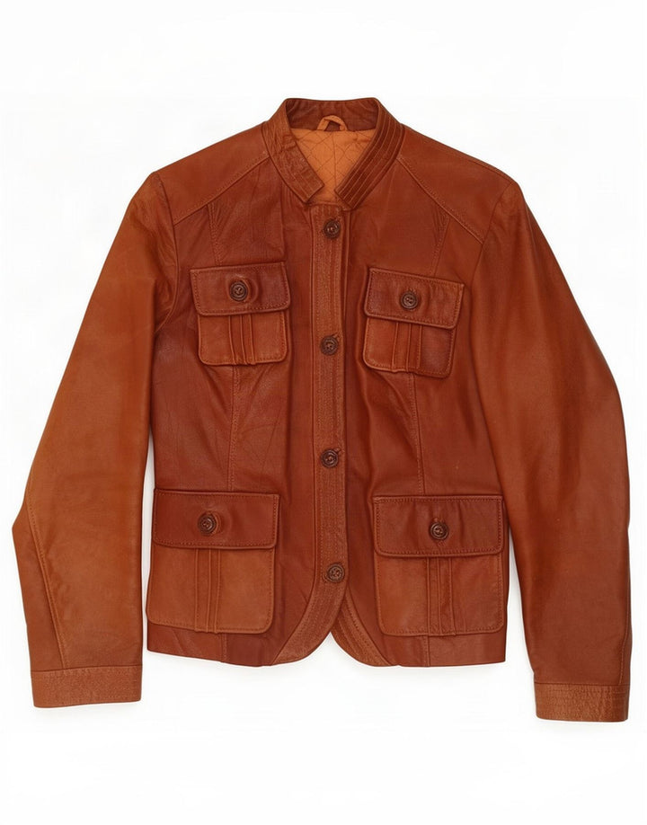veste utilitaire en cuir femme vintage UK 8 Petit Brun