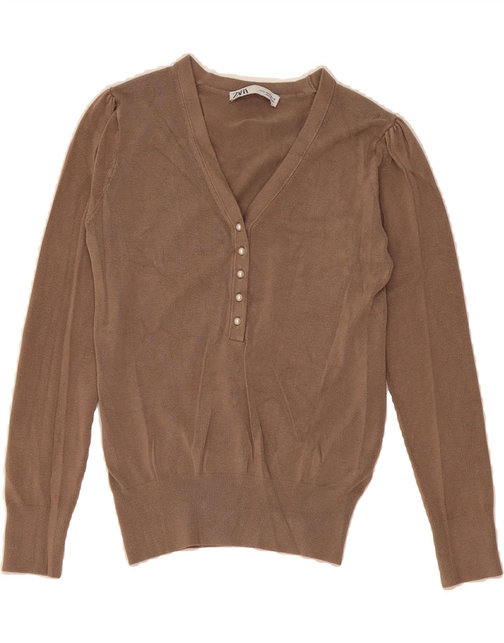 ZARA Womens V-Neck Jumper Sweater UK 12 Medium Brown Viscose Vintage Zara and Second-Hand Zara from Messina Hembry 