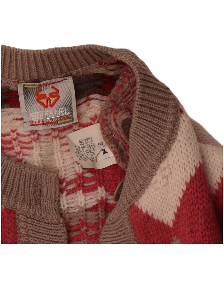 Stefanel Femmes Coupe Ample Cardigan Pull UK 14 Laine Géométrique Rouge Moyen