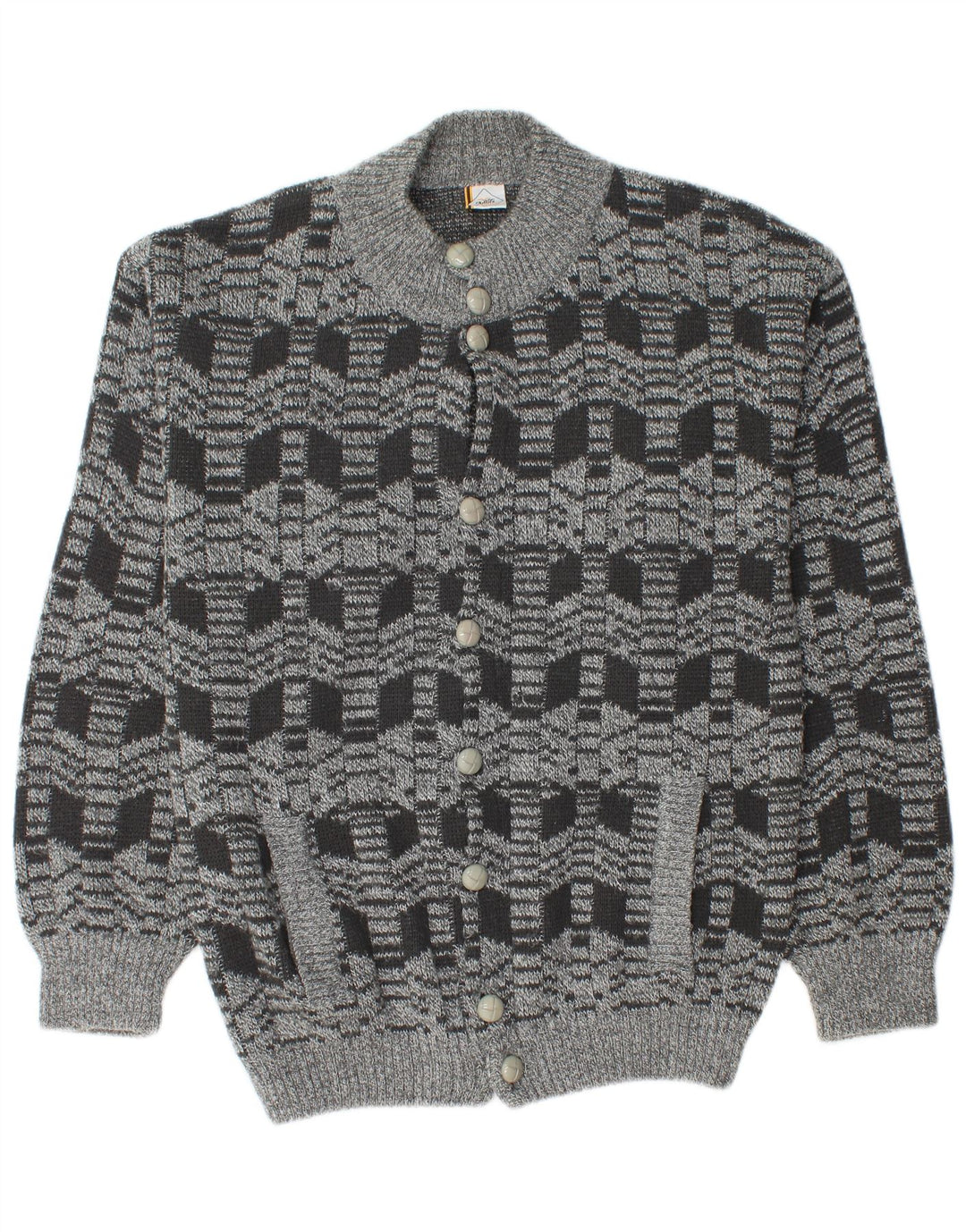 vintage Mens Cardigan Pull Moyen Gris Géométrique Acrylique