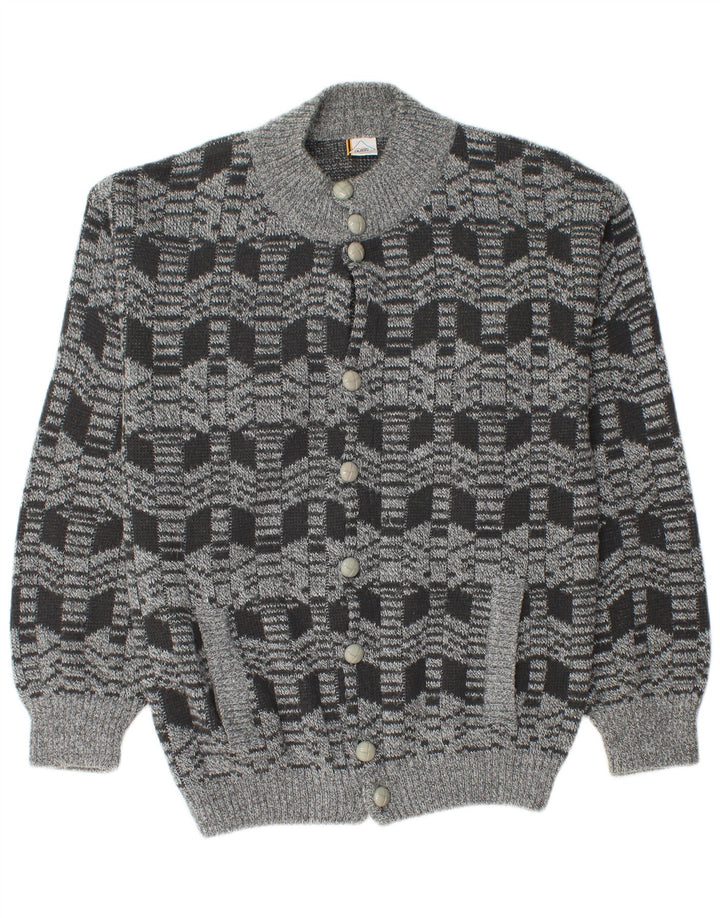 vintage Mens Cardigan Pull Moyen Gris Géométrique Acrylique