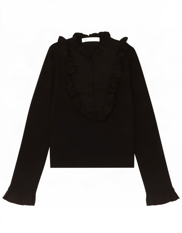 Zara Chemise pull à volants sur le devant pour femme UK 8 Petit nylon noir