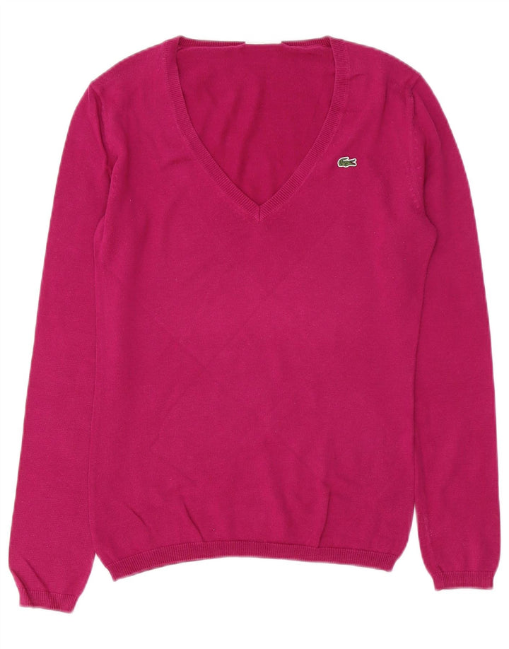 Lacoste Pull col V femme taille 34 petit coton rose
