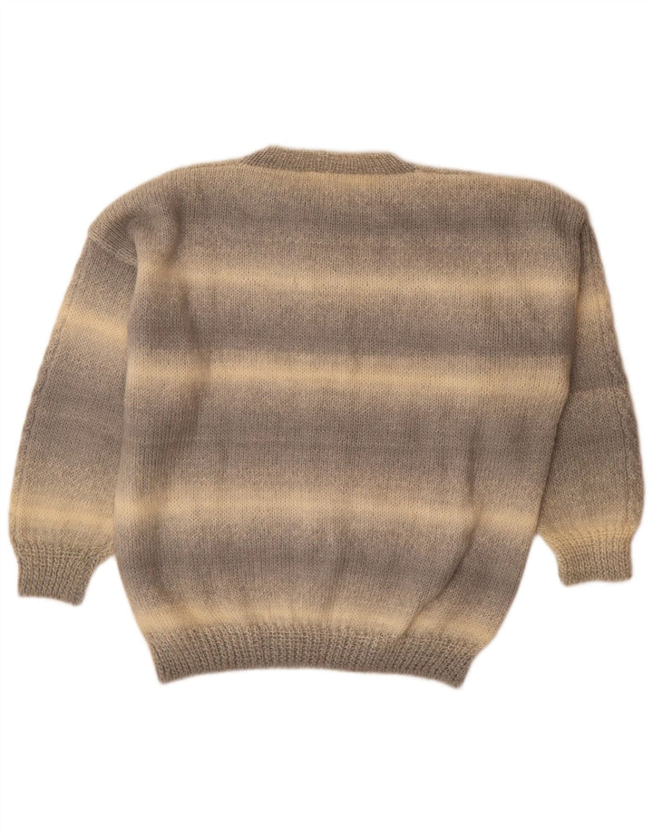 vintage Mens Crew Neck Jumper Pull Grand Gris Rayé