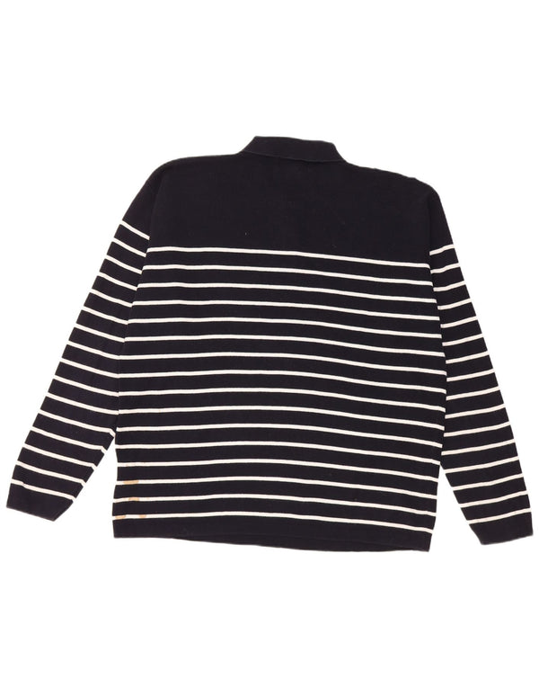 vintage Mens Polo Neck Jumper Pull XL Bleu Marine Rayé Coton