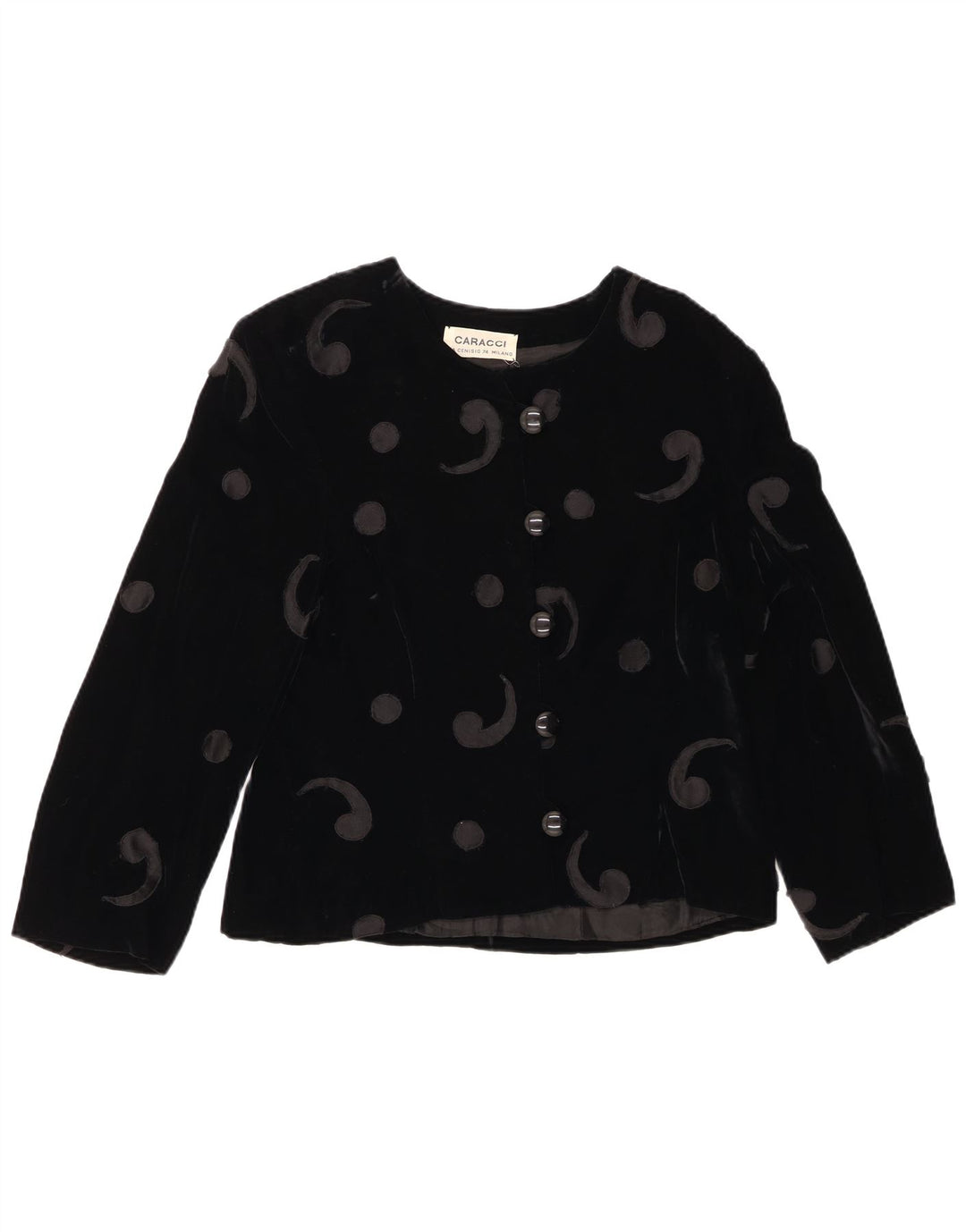 VINTAGE Femme 5 Bouton Velours Blazer Veste UK 12 Moyen Noir Paisley