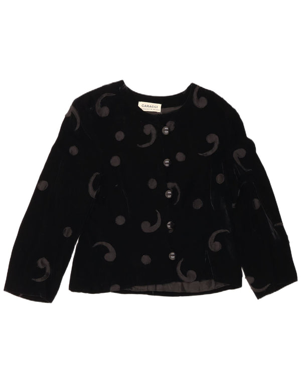 VINTAGE Femme 5 Bouton Velours Blazer Veste UK 12 Moyen Noir Paisley