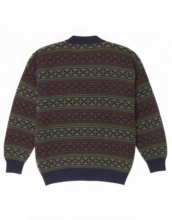 vintage Homme Cardigan Pull XL Bleu Marine Fair Isle Laine