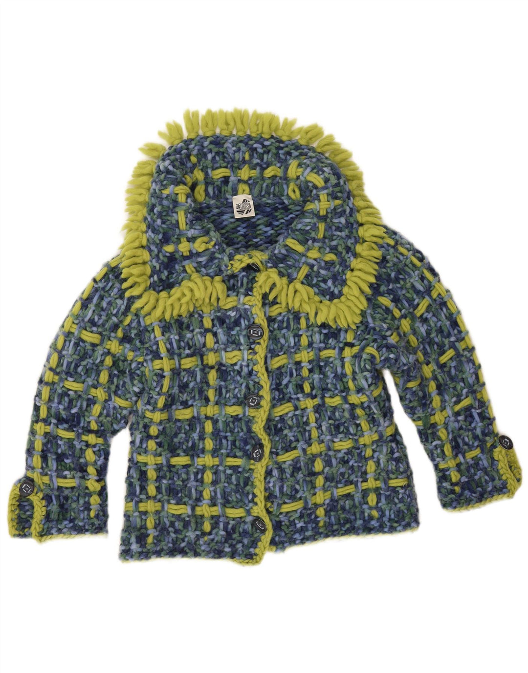 vintage Femme Cardigan Pull UK 14 Grand Chèque Bleu