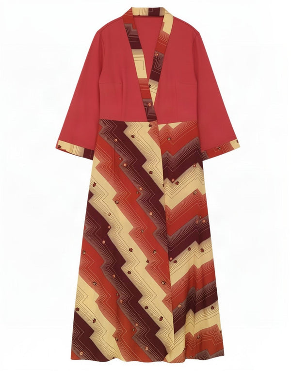 vintage Femmes 3/4 Manches Robe Maxi Robe UK 8 Petit Rouge Géométrique