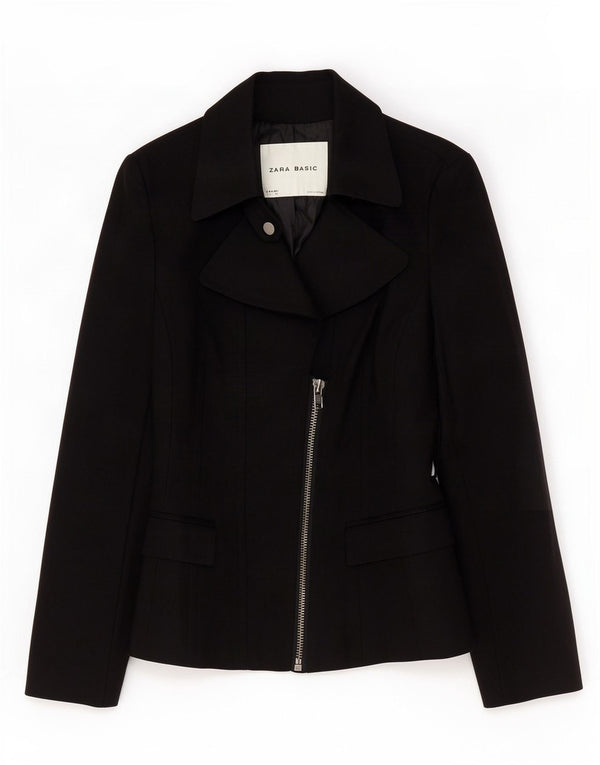 Zara Femme Veste Blazer Zippée UK 10 Petit Coton Noir