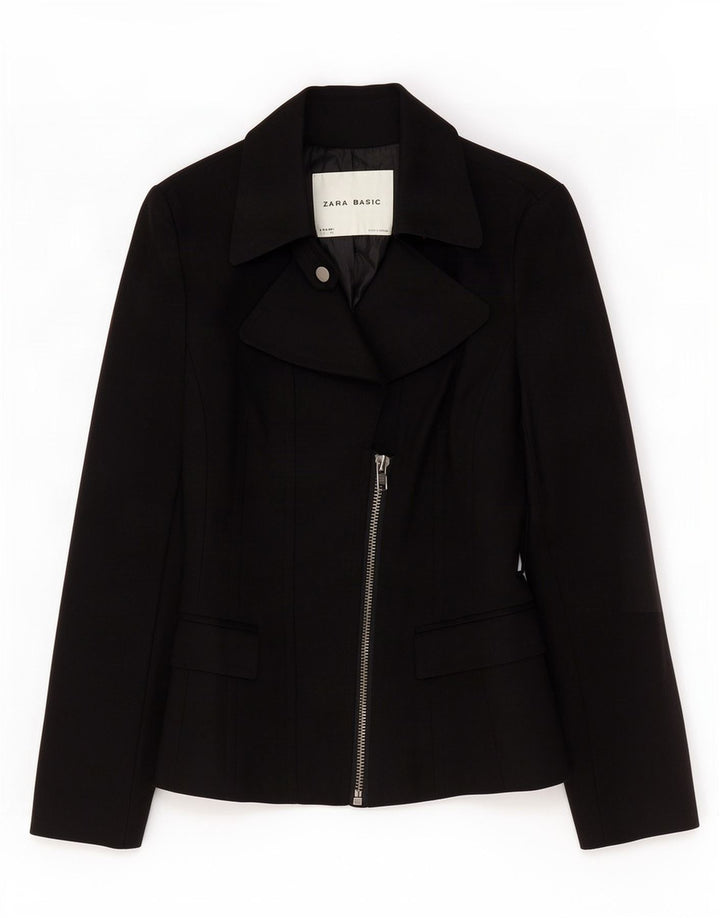 Zara Femme Veste Blazer Zippée UK 10 Petit Coton Noir