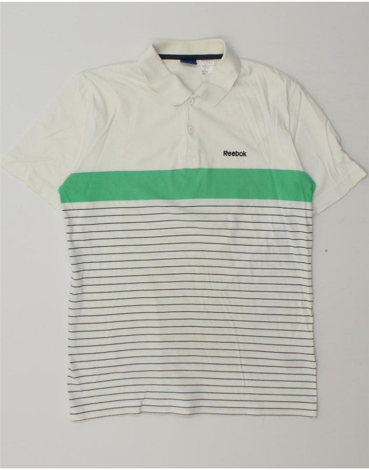 REEBOK Mens Graphic Polo Shirt Small White Striped Cotton Vintage Reebok and Second-Hand Reebok from Messina Hembry 