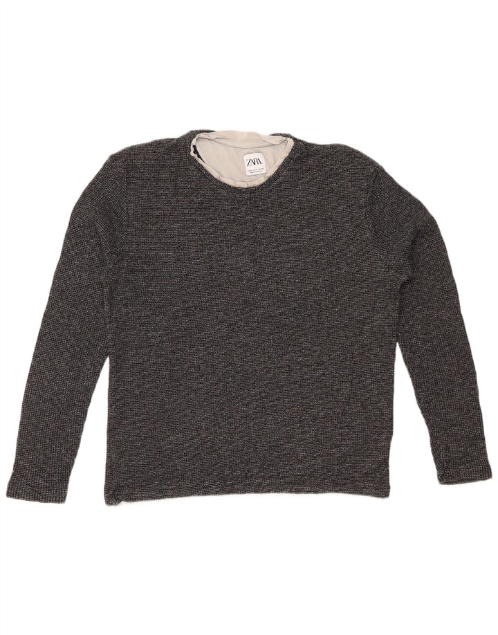 ZARA Femme Top Manches Longues UK 44 Coton Chiné Gris Moyen