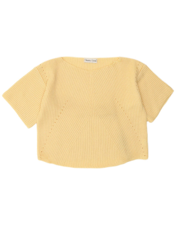 vintage Womens Crop Boat Neck Jumper Pull UK 14 Jaune Moyen