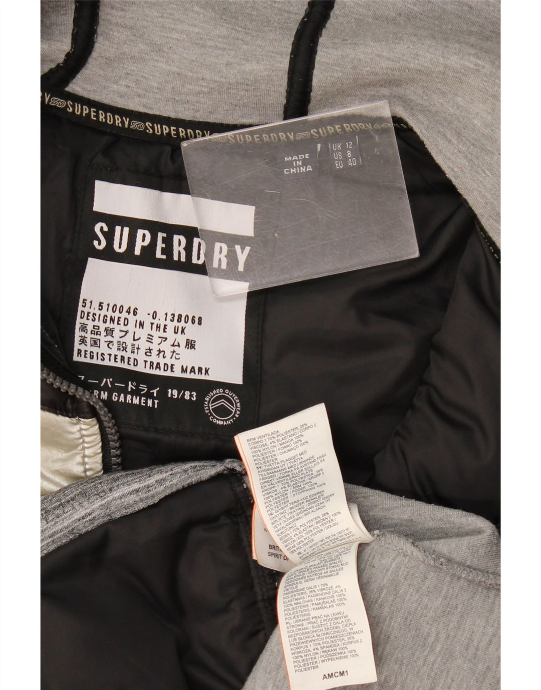 Superdry Veste rembourrée à capuche pour femme UK 12 Nylon color block gris moyen