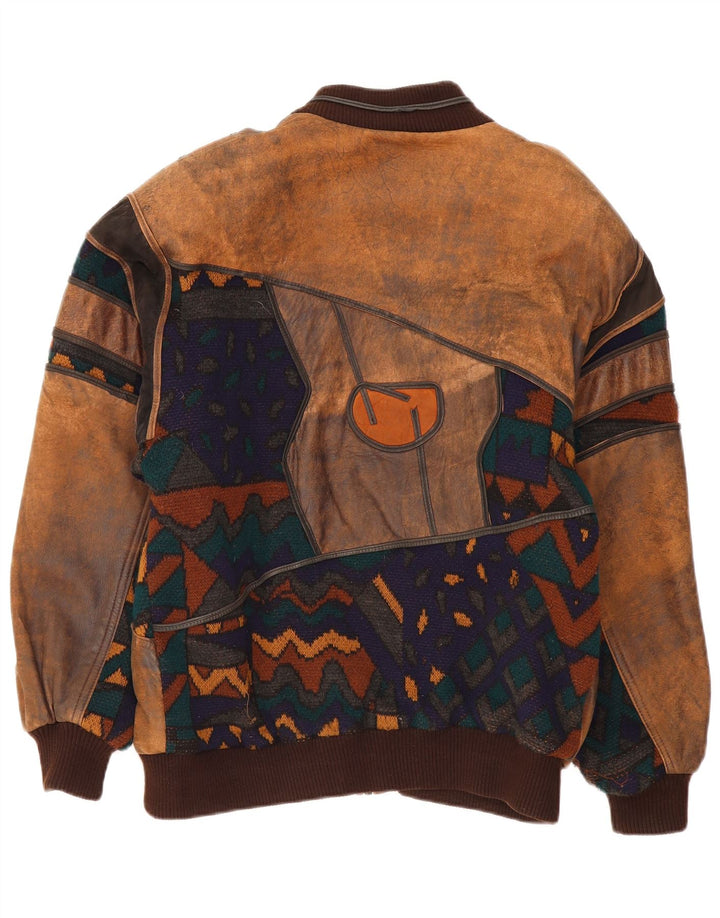 veste en cuir homme vintage IT 50 grand cuir géométrique marron