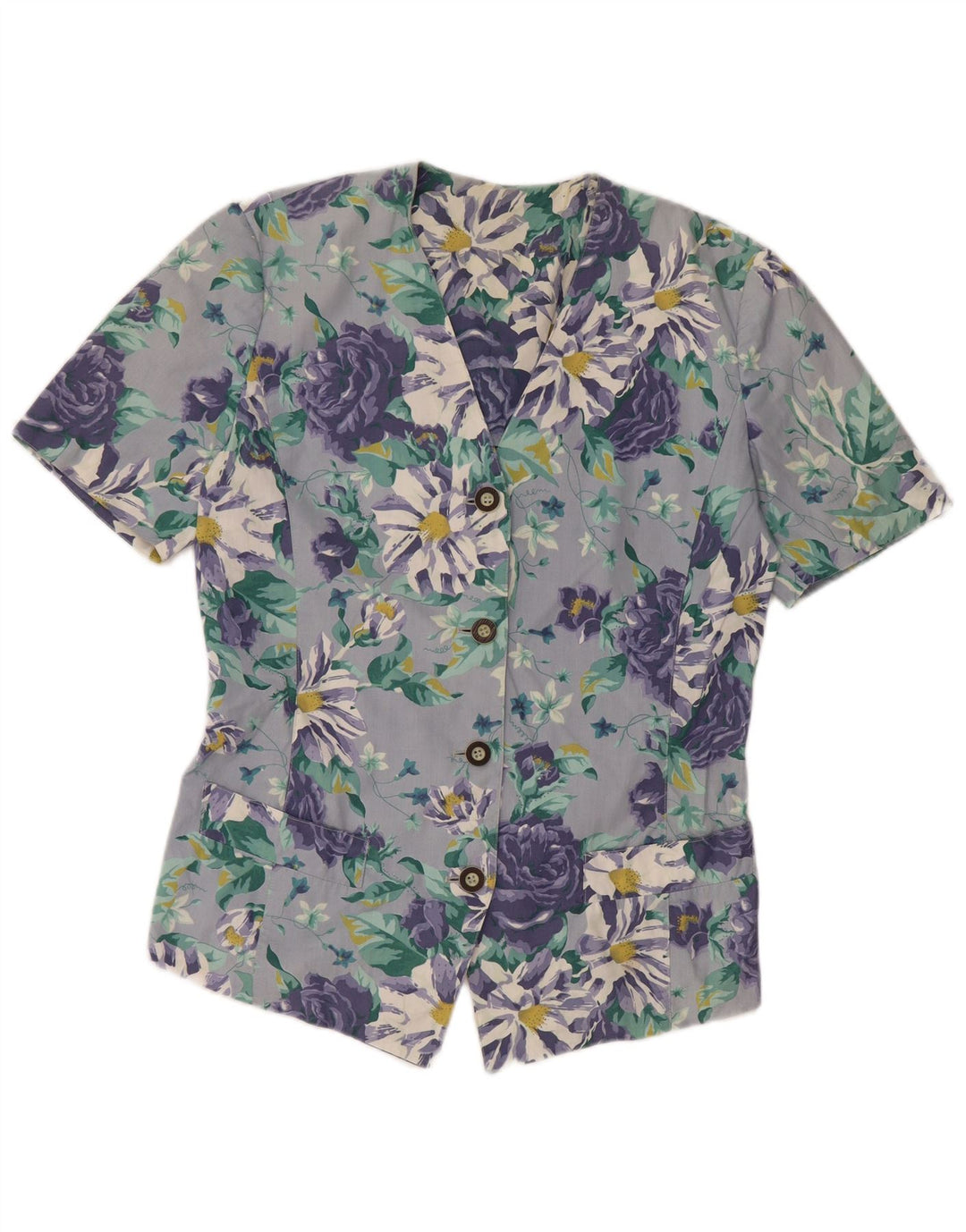 VINTAGE Femme Chemise à manches courtes Blouse UK 14 Grand Bleu Floral