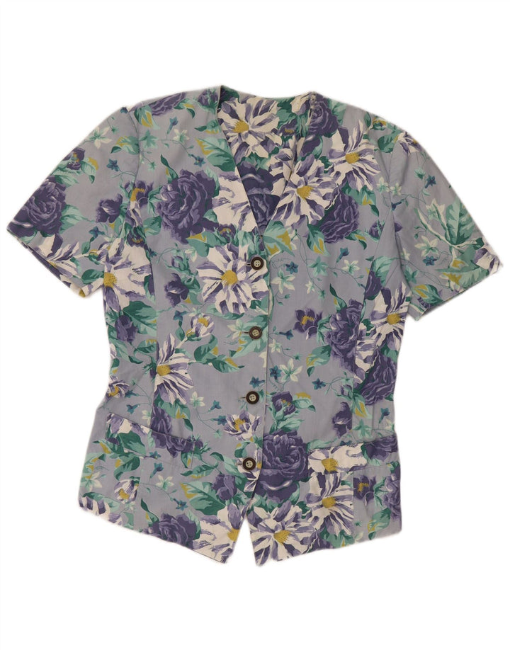 VINTAGE Femme Chemise à manches courtes Blouse UK 14 Grand Bleu Floral