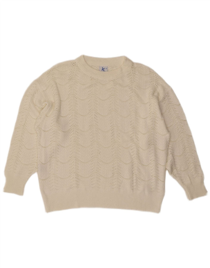 vintage Femme Crew Neck Jumper Pull IT 46 Grand Chevron Blanc Cassé