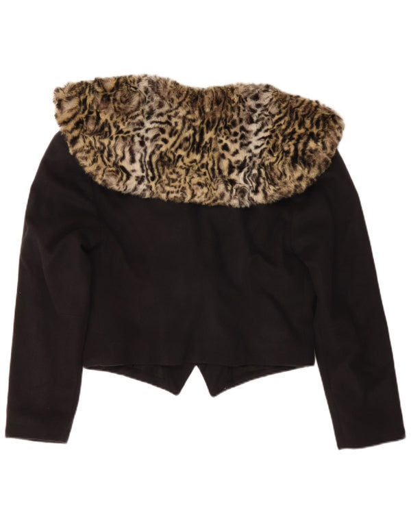 vintage Femme Crop Blazer Veste UK 14 Moyen Noir Animal Print