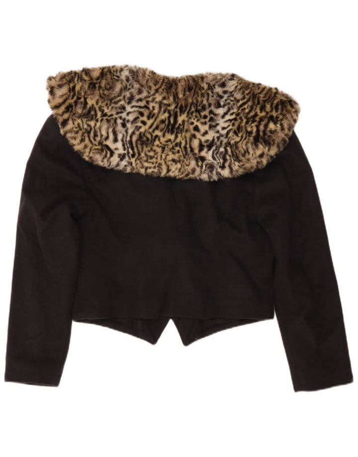 vintage Femme Crop Blazer Veste UK 14 Moyen Noir Animal Print