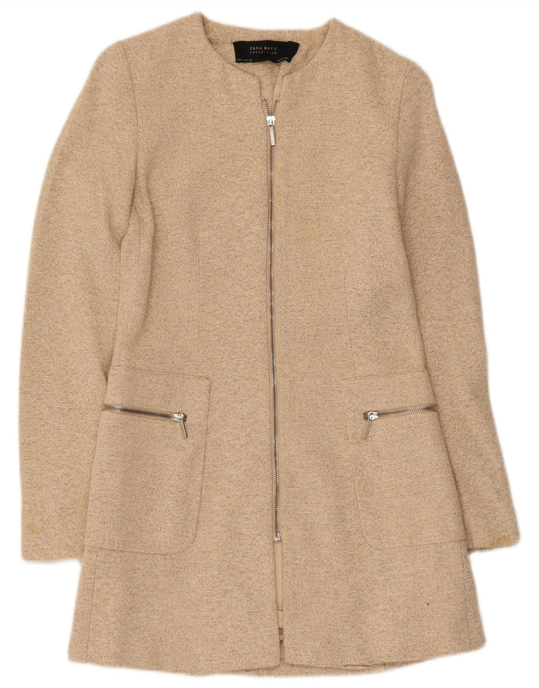 Zara Womens Longline Full Zip Blazer Jacket UK 8 Petit Beige Moucheté