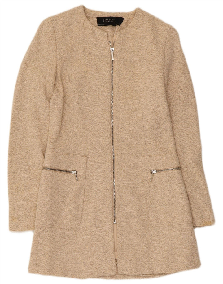 Zara Womens Longline Full Zip Blazer Jacket UK 8 Petit Beige Moucheté