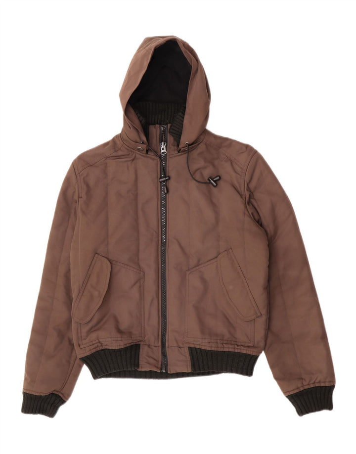 vintage Mens Hooded Bomber Jacket UK 38 Medium Brown Colourblock Polyester