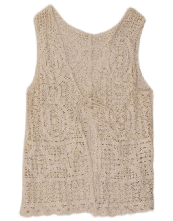 vintage Femmes Sans Manches Crochet Cardigan Top UK 14 Moyen Blanc